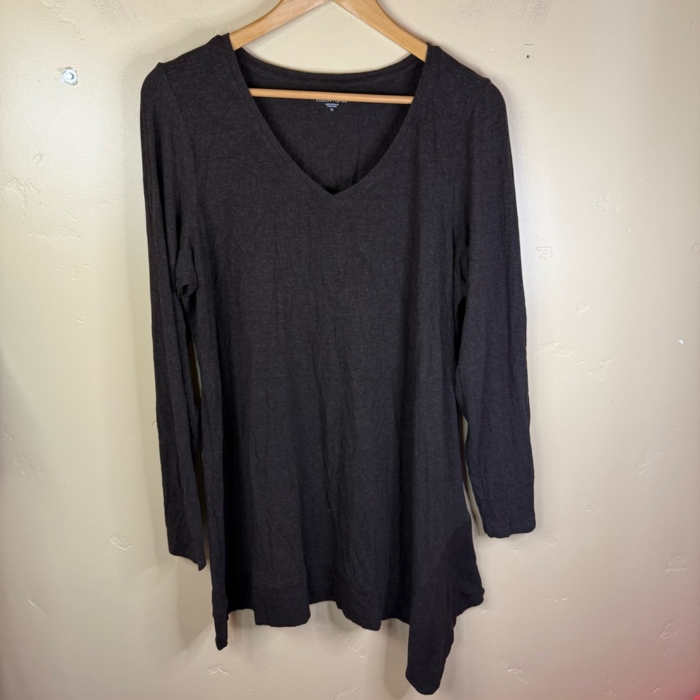 Eileen Fisher XL Long Sleeve Viscose VNeck Slant Hem Tunic Dark Brown Careerwear